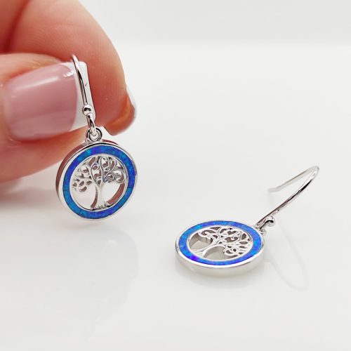 Ezüst lógós életfa fülbevaló kék opállal