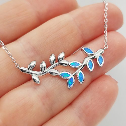 Ezüst levélke nyaklánc kék opállal