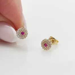Sárga arany szikrázó fülbevaló pink kővel