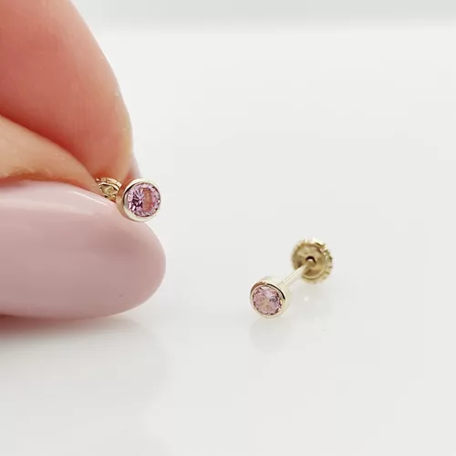 Sárga arany buttonos rózsaszín köves fülbevaló