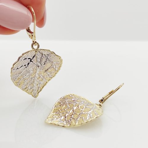Sárga-fehér arany áttört levél fülbevaló