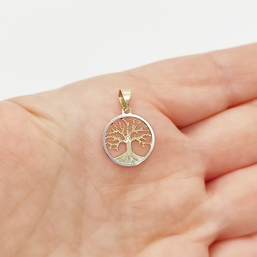 Elől sárga-fehér, hátul sárga arany életfa medál