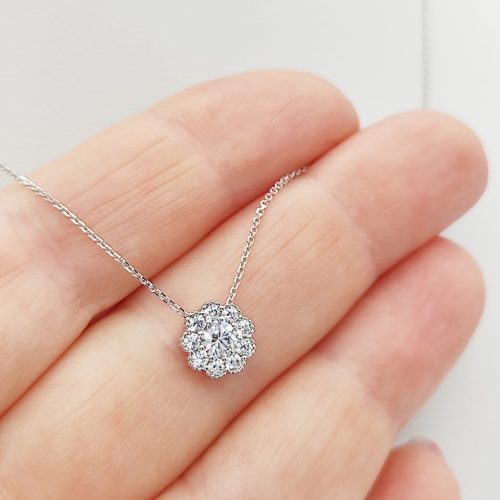 Fehér arany nyaklánc szikrázó virág medállal