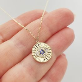 Sárga arany nyaklánc metszett Fatima szeme medállal