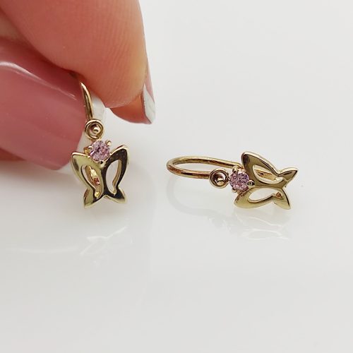 Sárga arany pillangós babafülbevaló rózsaszín kővel
