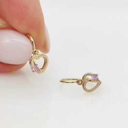   Sárga arany szívecskés babafülbevaló rózsaszín cirkóniával