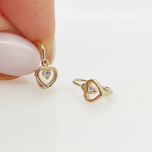 Sárga arany szíves fülbevaló fehér kővel