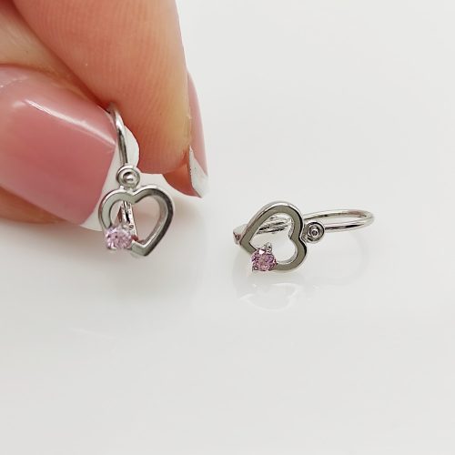 Fehér arany szívecske fülbevaló rózsaszín kővel