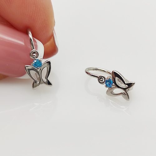 Fehér arany pillangó fülbevaló kék kővel
