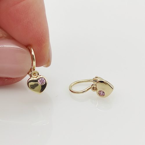 Sárga arany szívecske fülbevaló rózsaszín kővel