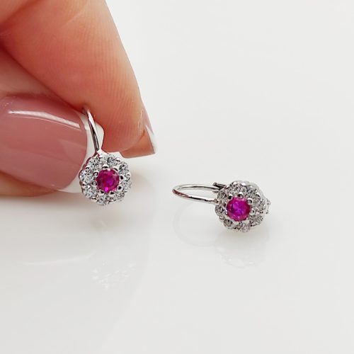 Ezüst kis virág fülbevaló pink kővel