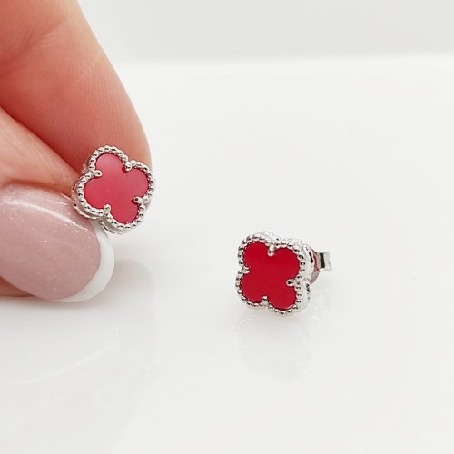 Ezüst piros lóhere fülbevaló