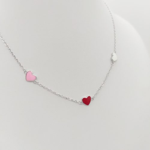 Ezüst gyermek nyaklánc három színű szívvel