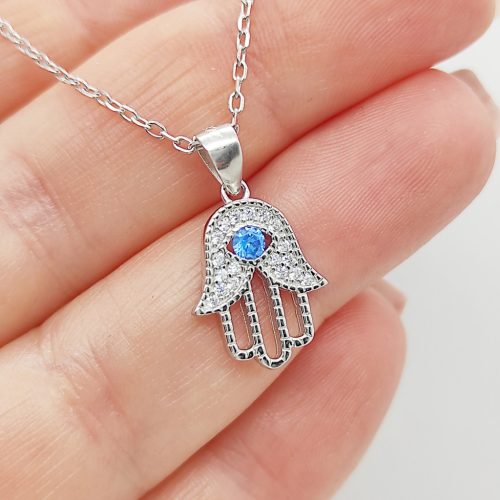 Ezüst nyaklánc szikrázó Fatima keze medállal