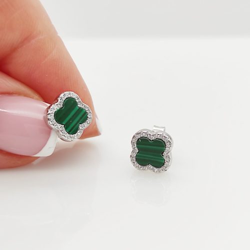 Ezüst zöld lóhere fülbevaló cirkóniákkal