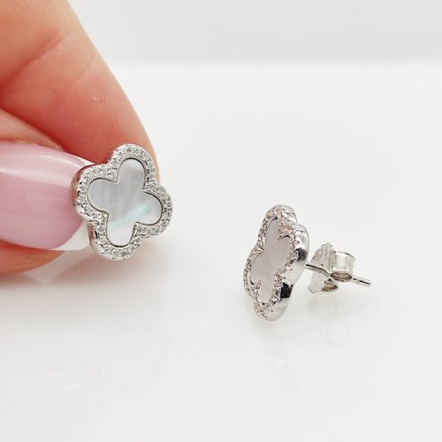 Ezüst gyöngyház lóhere fülbevaló cirkóniákkal