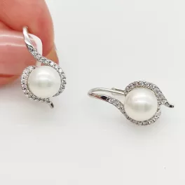   Fehér arany szikrázó fülbevaló gyönggyel és cirkóniákkal